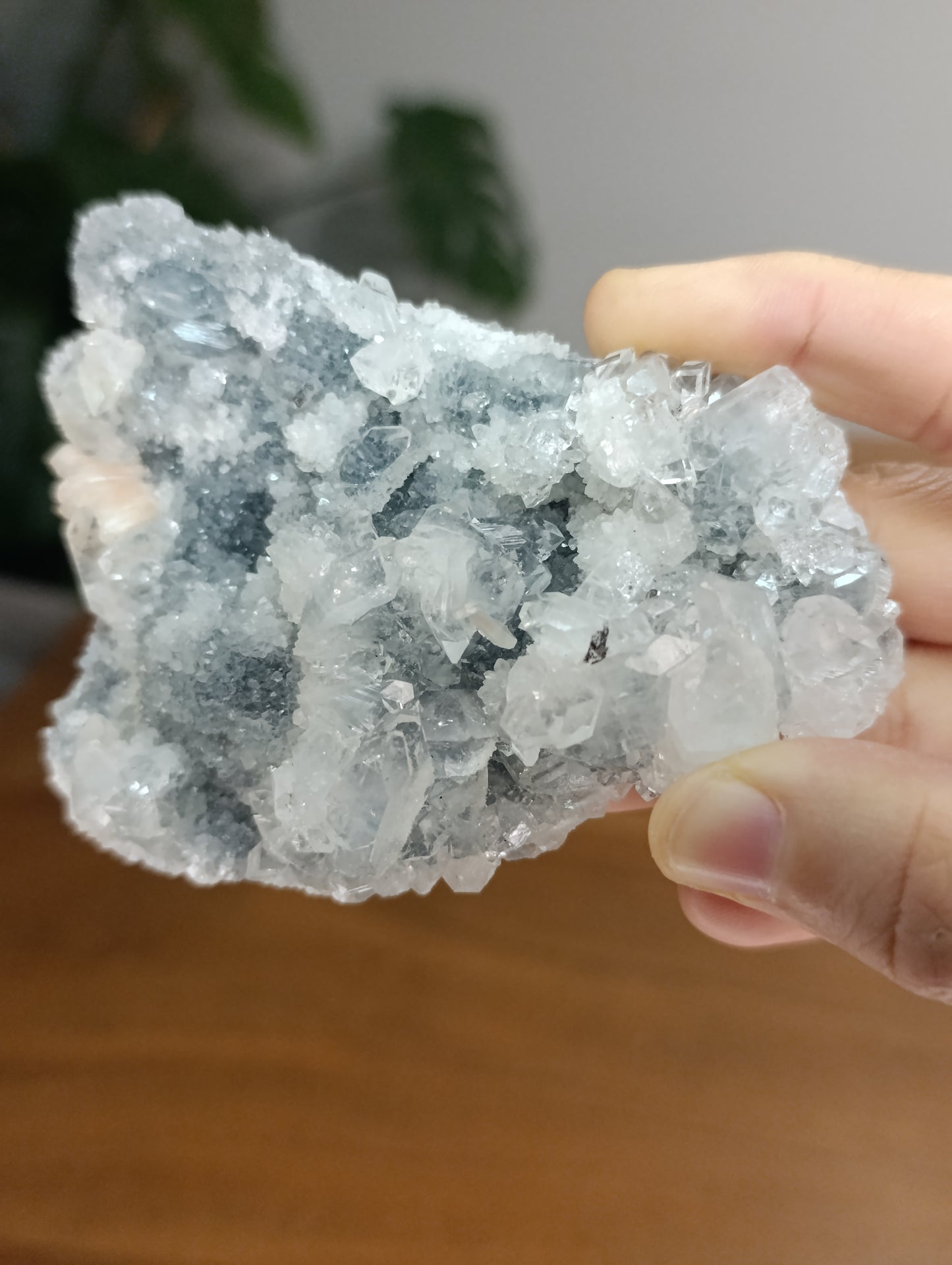Glassy Apophyllit auf blue Calcedon mit peachy Stibilit BC59